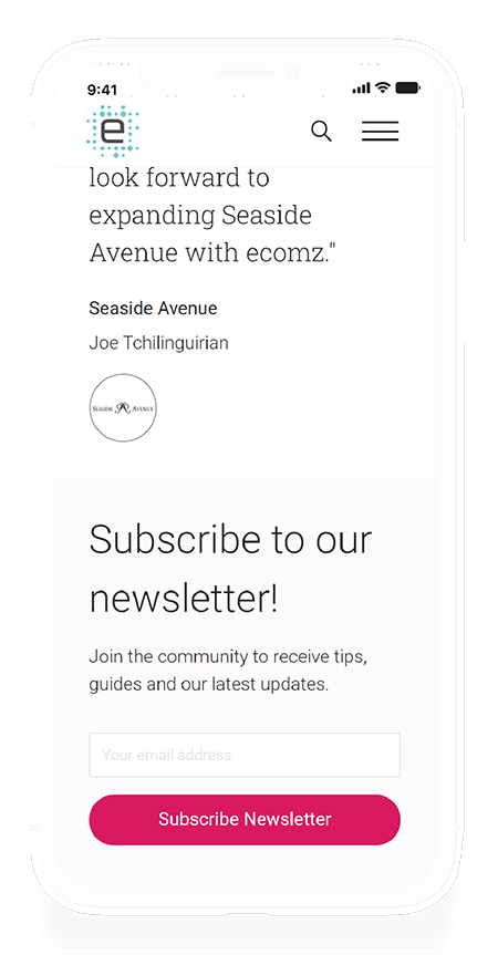 Image showcasing the Contact page and focusing on the Subscribe to Newsletter CTA which is made distinct in it's design but in a subtle manner. The distinctness allows the Subscribe Newsletter section to popout compared to the rest of the page, but in a non-intrusive manner